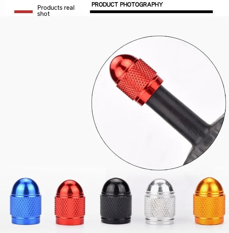 Aluminium mountain bike tyre valve cap in black, blue, gold, red, and silver colour options.