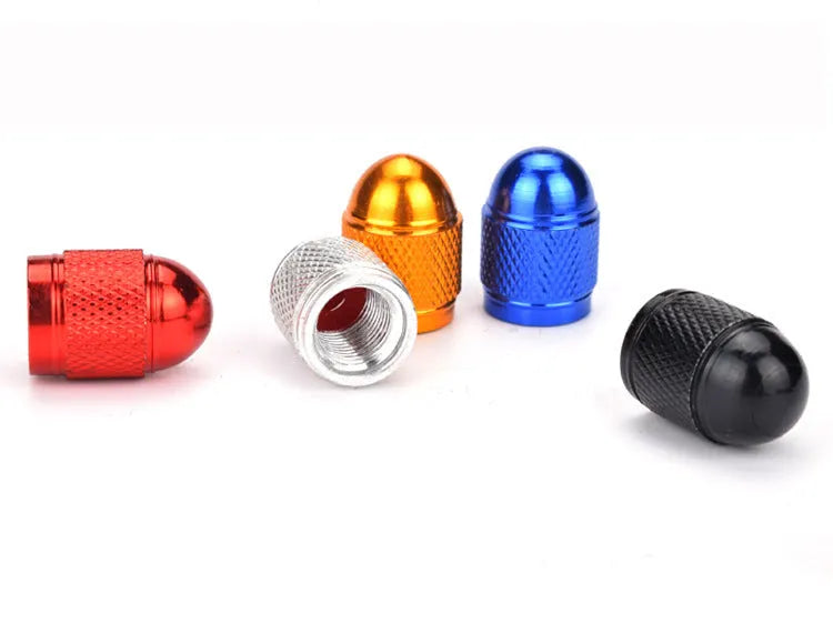 Aluminium mountain bike tyre valve cap in black, blue, gold, red, and silver colour options.