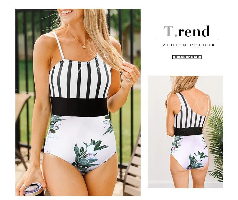 Women's leopard print one-piece swimsuit with asymmetric collar and high-waist brief style.