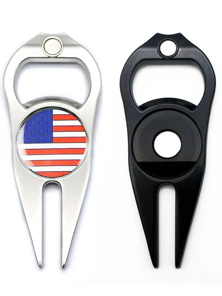 Zinc alloy golf ball yoke and bottle opener tool in black, green, and silver colour options
