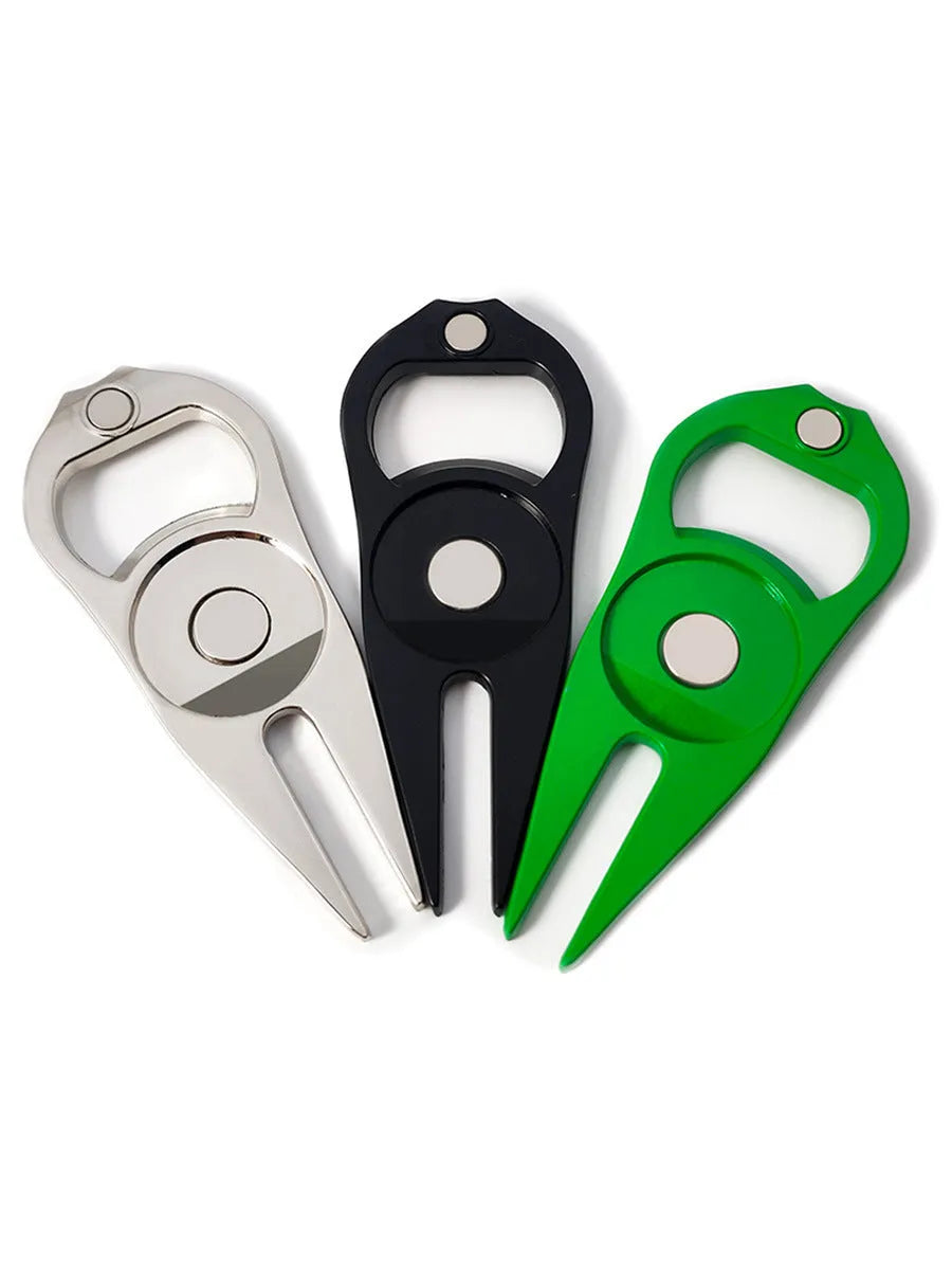 Zinc alloy golf ball yoke and bottle opener tool in black, green, and silver colour options