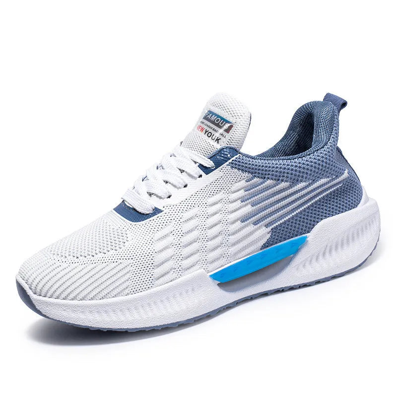 Men's blue casual mesh shoes with round toe and cloth upper on a plain background.
