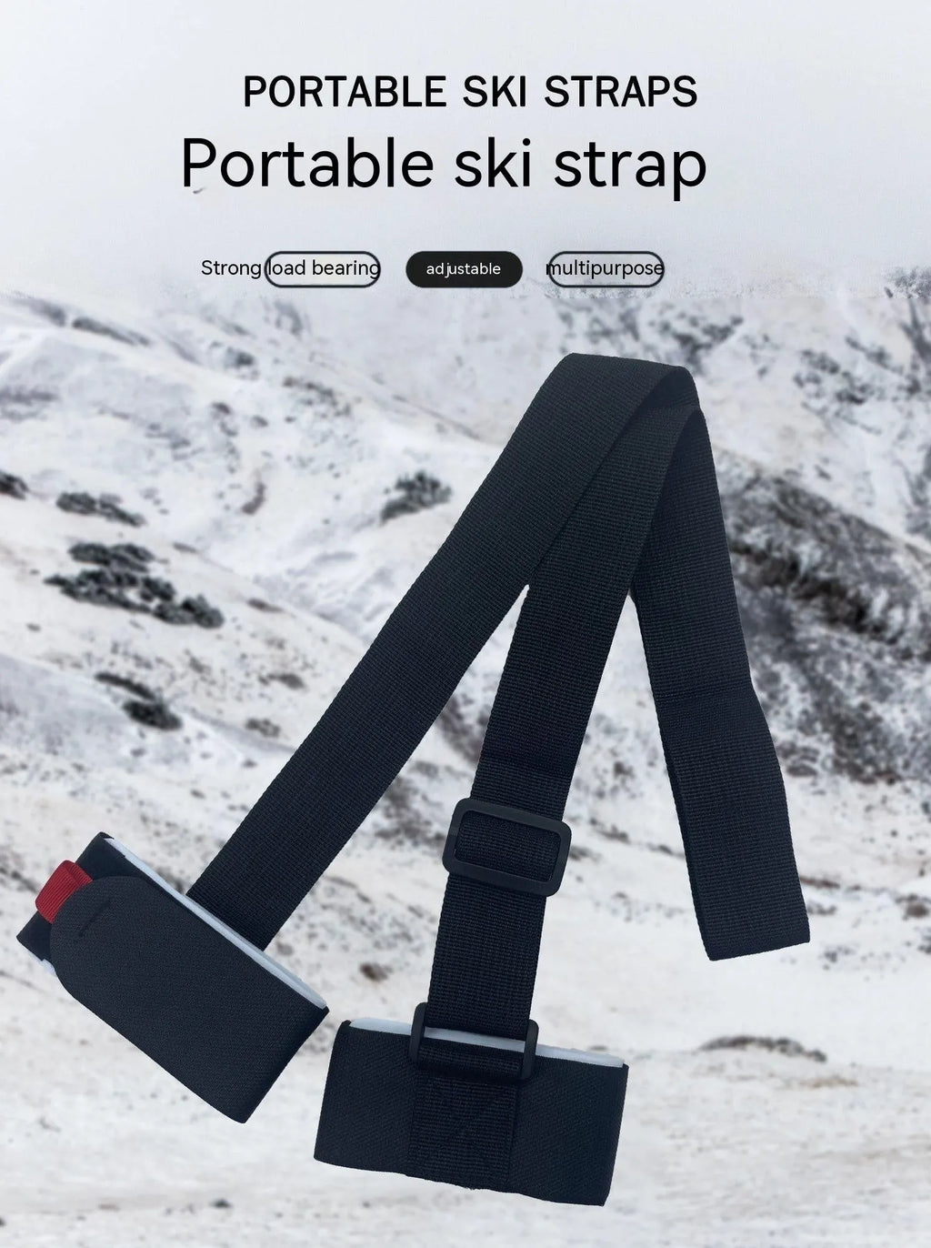 A black adjustable hook and loop strap for securing a skiing bandage to the shoulder during sled sports.
