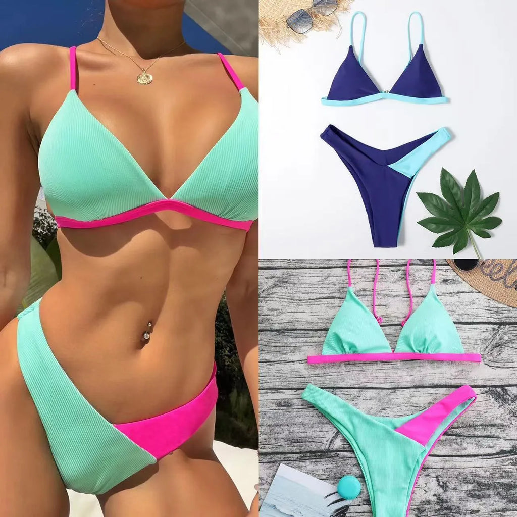 Women's two-piece swimsuit bikini briefs in a pattern print design made from nylon fabric.
