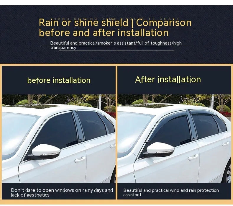 Four-piece PVC rain visor kit for Jeep Wrangler windows showing vehicle-specific installation
