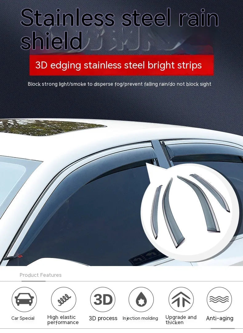Four-piece PVC rain visor kit for Jeep Wrangler windows showing vehicle-specific installation