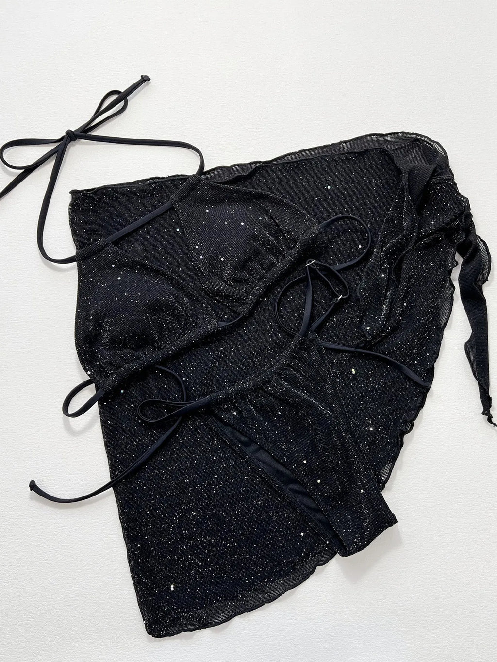 Black polyester fibre bikini set comprising a top and matching shorts on a mannequin.