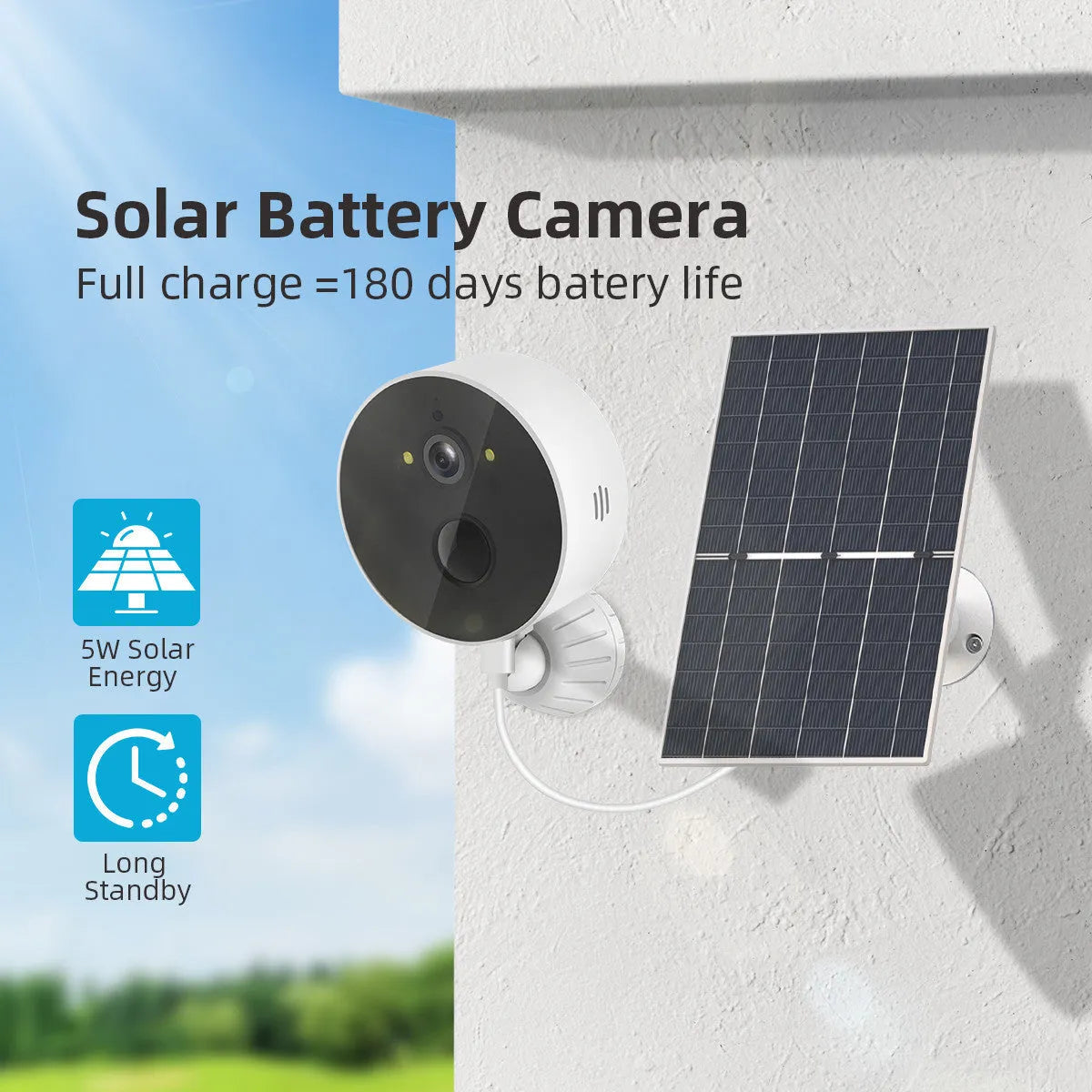 Outdoor security camera with attached solar panel for off-grid battery charging.