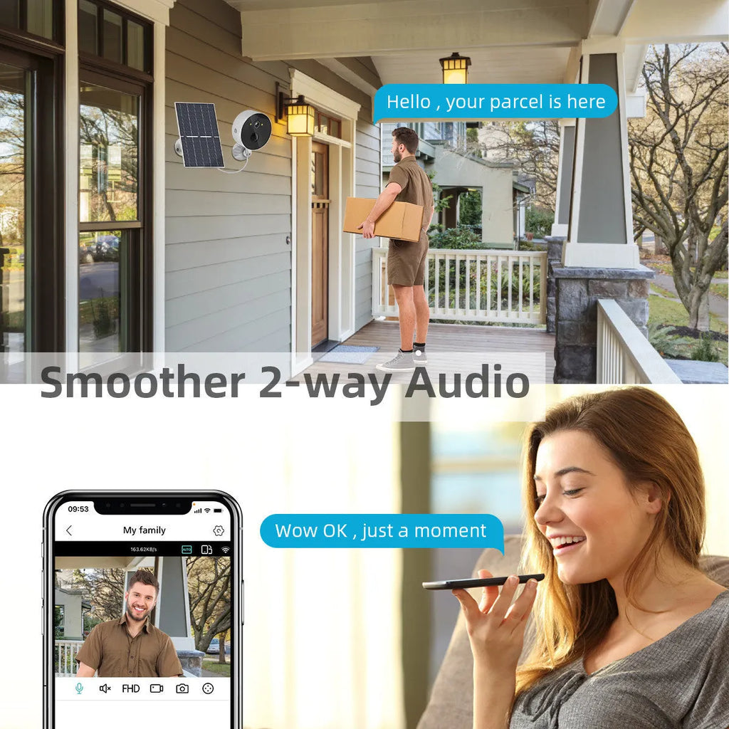 Outdoor security camera with attached solar panel for off-grid battery charging.