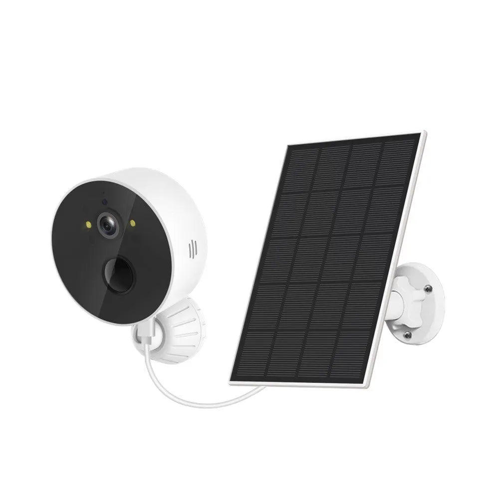 Outdoor security camera with attached solar panel for off-grid battery charging.