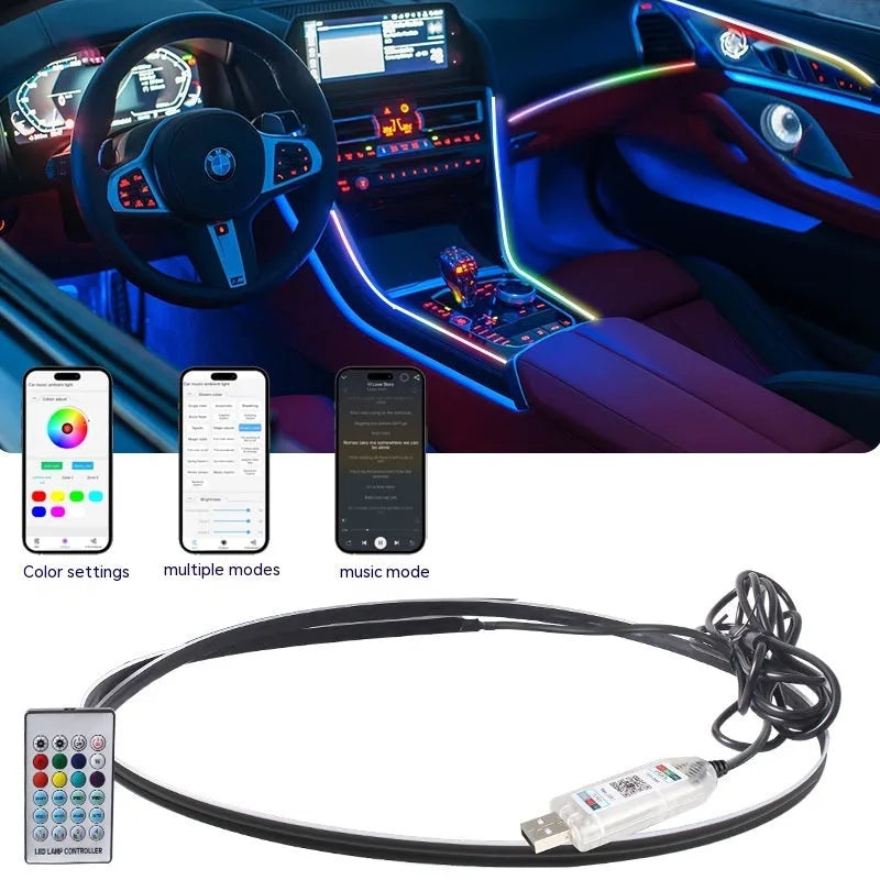 USB car ambient lighting strip with remote control for colour changing interior mood lighting