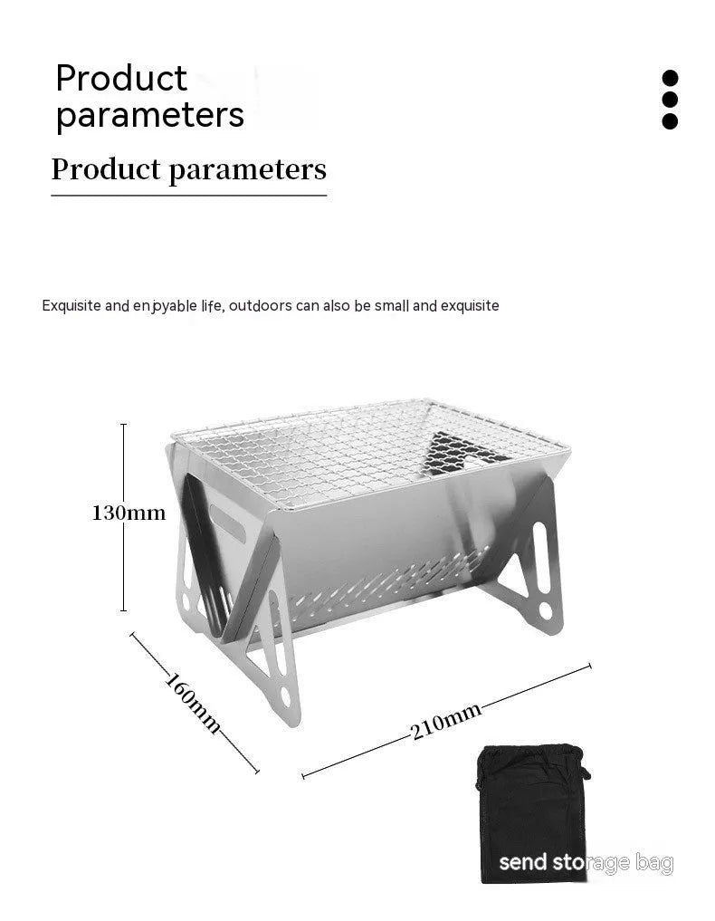 Folding stainless steel outdoor barbecue oven with large grill rack and storage bag.