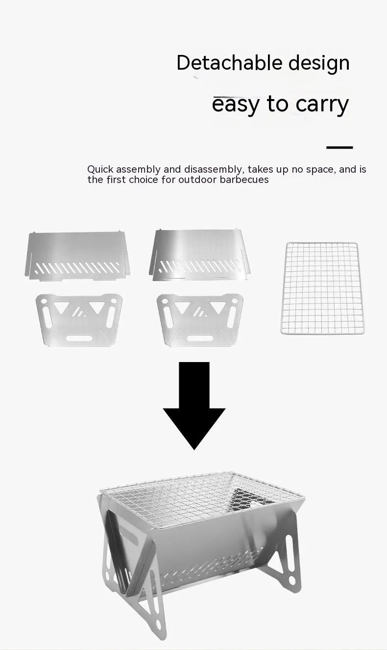 Folding stainless steel outdoor barbecue oven with large grill rack and storage bag.