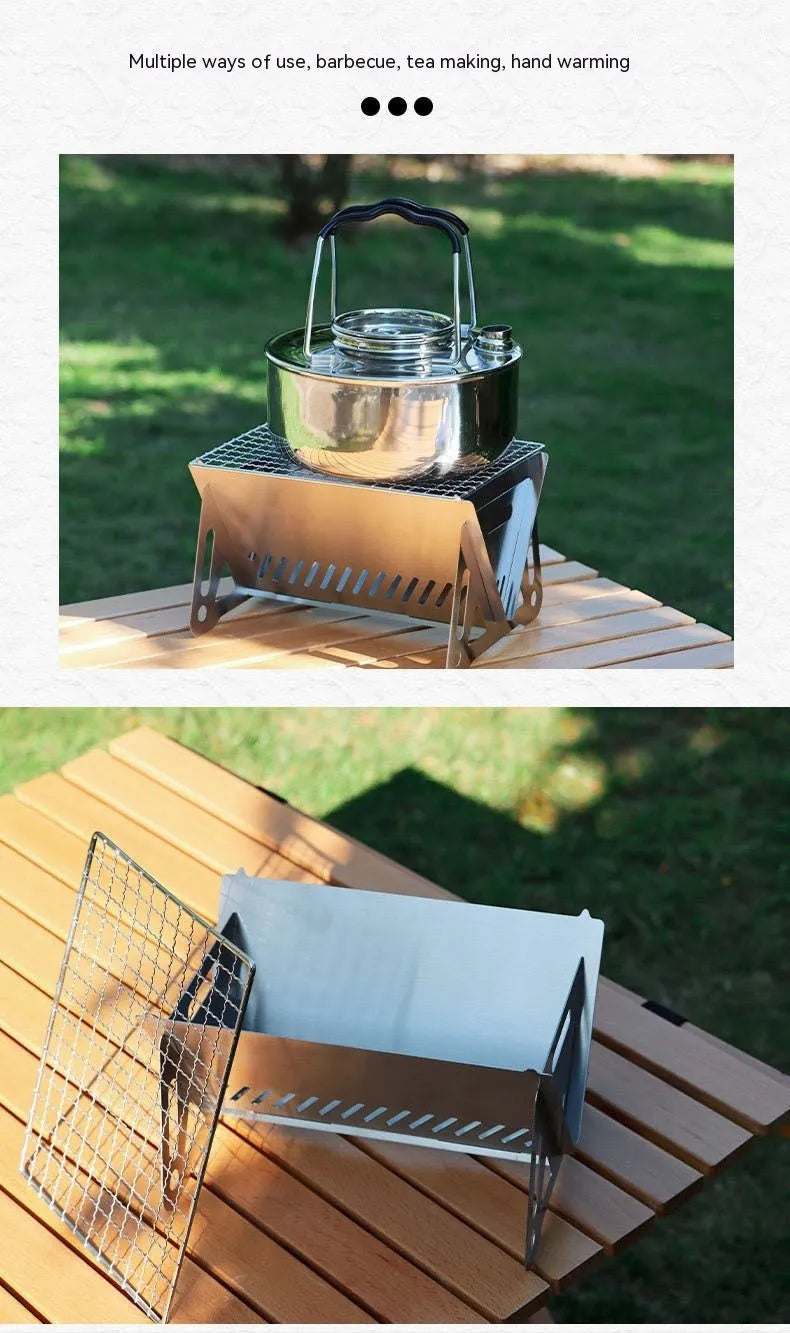 Folding stainless steel outdoor barbecue oven with large grill rack and storage bag.