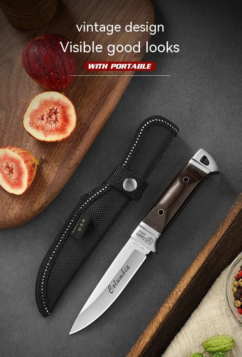 Camping fruit knife with stainless steel blade in leather protective case