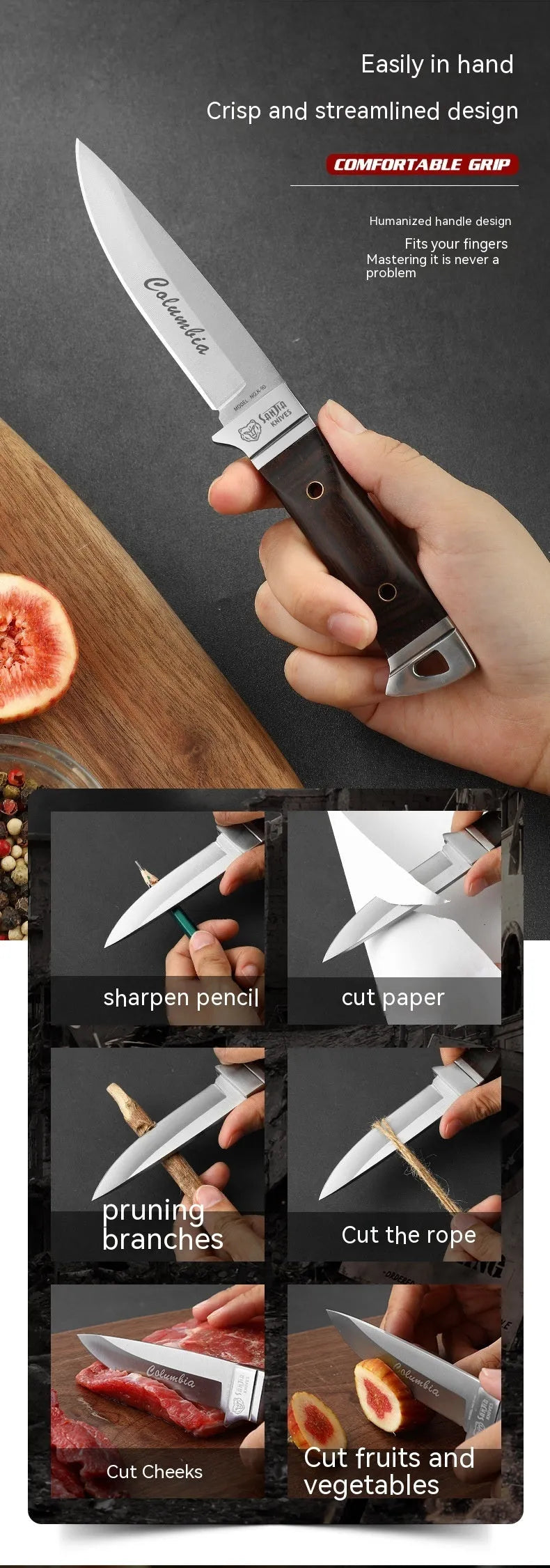 Camping fruit knife with stainless steel blade in leather protective case