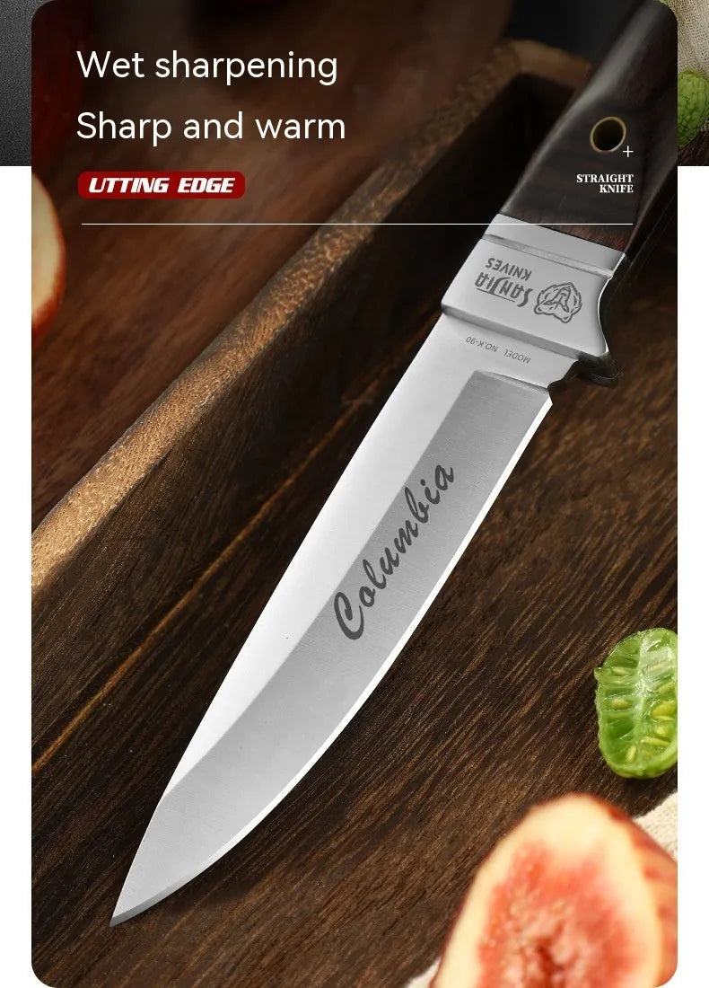 Camping fruit knife with stainless steel blade in leather protective case