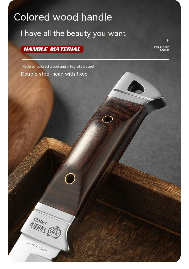 Camping fruit knife with stainless steel blade in leather protective case