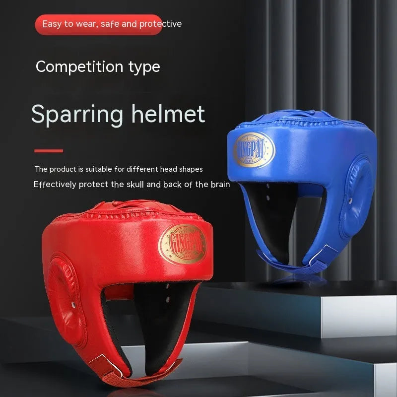 Red fully enclosed boxing helmet with jaw protection showing vertical style design