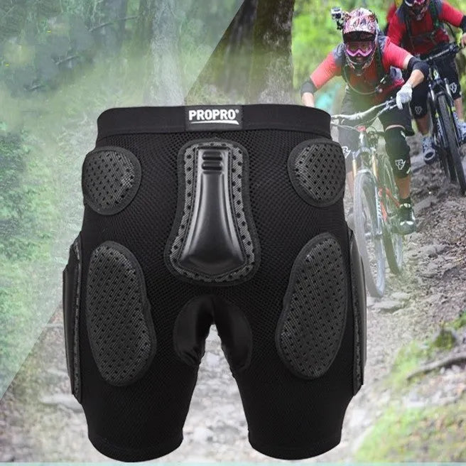 Black cycling hip protection pants with integrated padding available in S, M, L, XL sizes