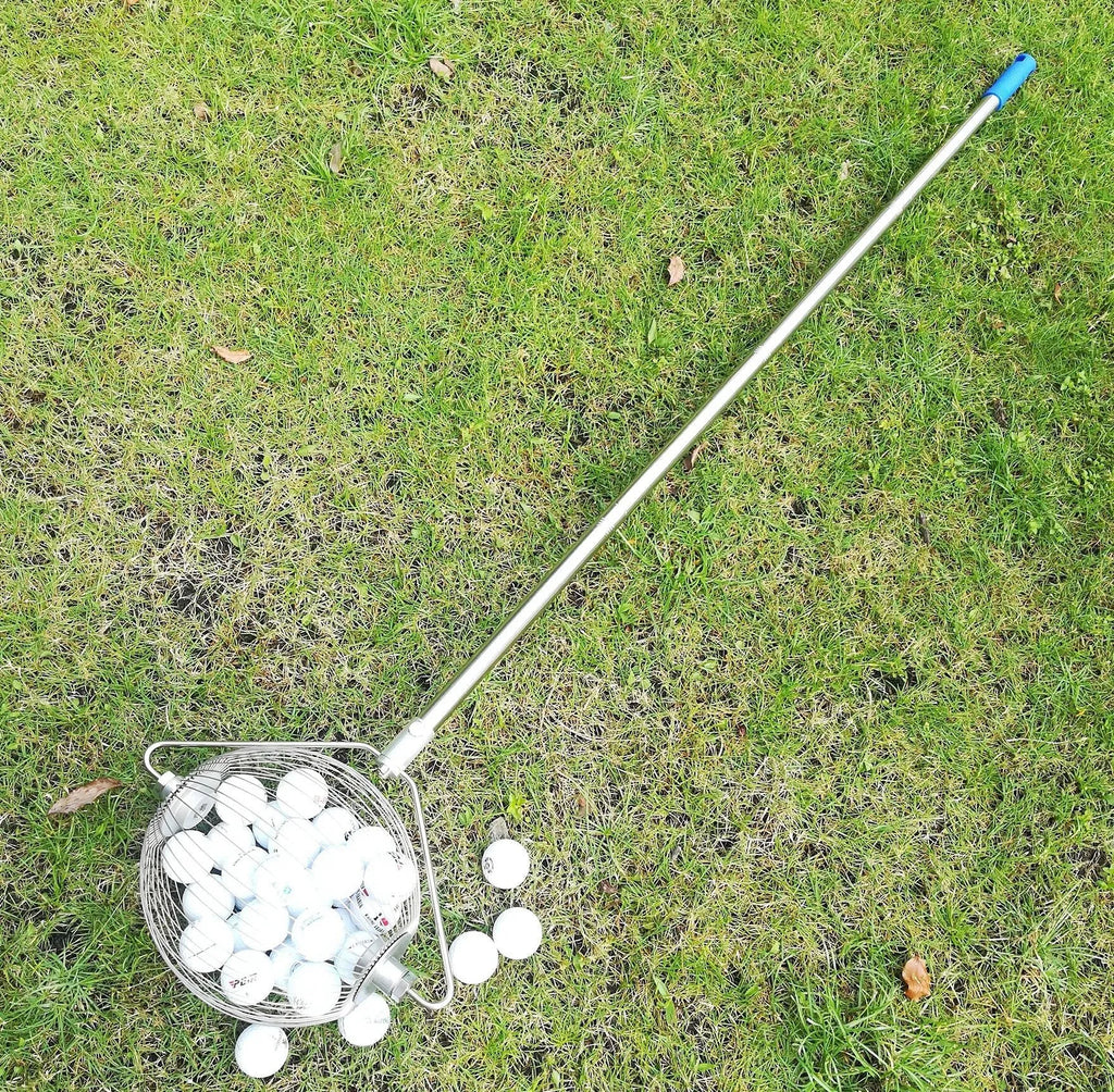 Stainless steel golf ball picker with a metallic finish on a green background.