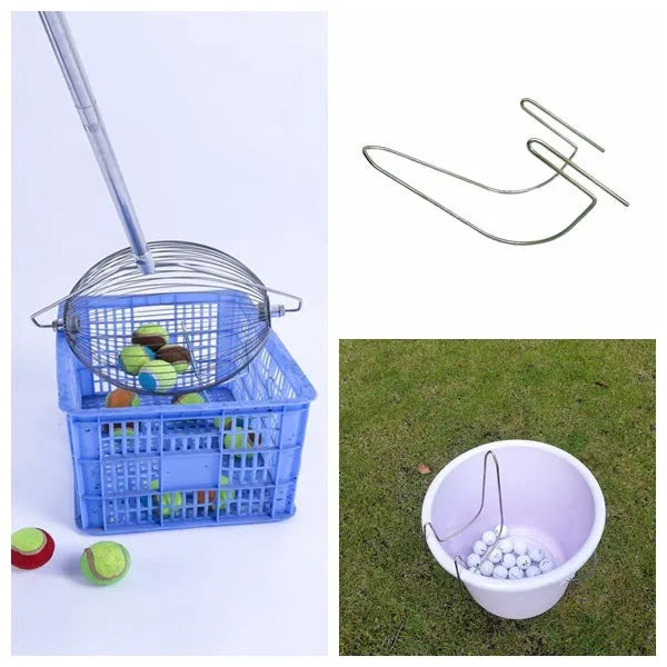 Stainless steel golf ball picker with a metallic finish on a green background.