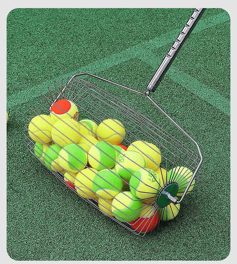 Stainless steel rolling tennis ball picker shown in large size on a tennis court.