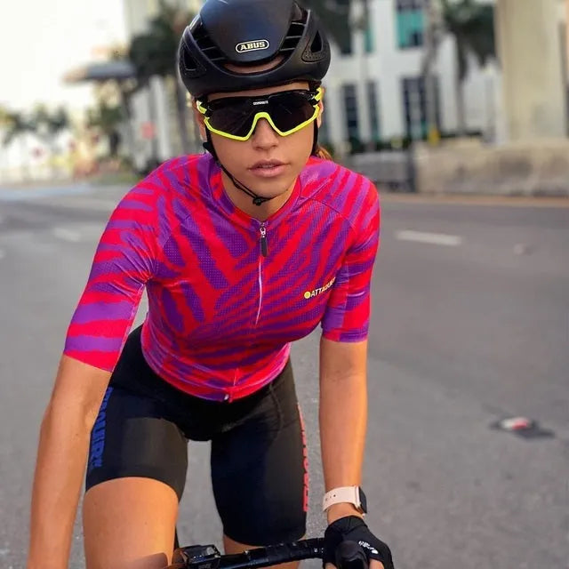 Attaquer women's cycling jersey and bib shorts set in All Day Kaleidoscope design