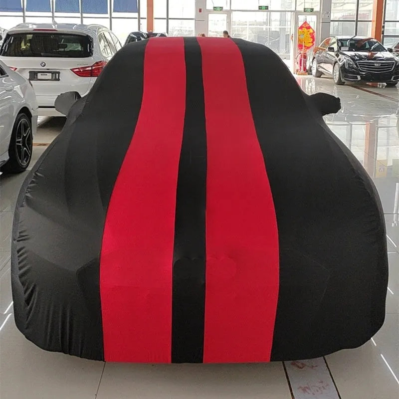 Ford Mustang car cover in elastic fabric shown in a choice of black, red, blue, grey, yellow, or orange.