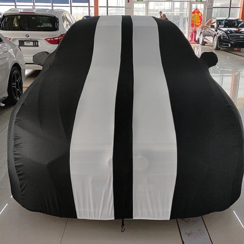 Ford Mustang car cover in elastic fabric shown in a choice of black, red, blue, grey, yellow, or orange.