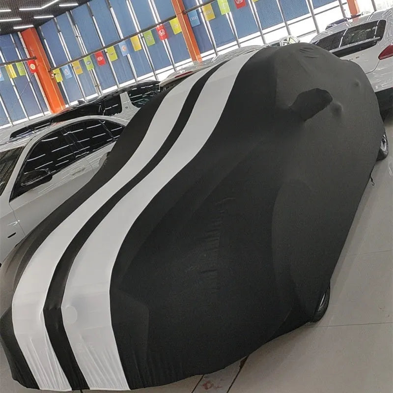 Ford Mustang car cover in elastic fabric shown in a choice of black, red, blue, grey, yellow, or orange.