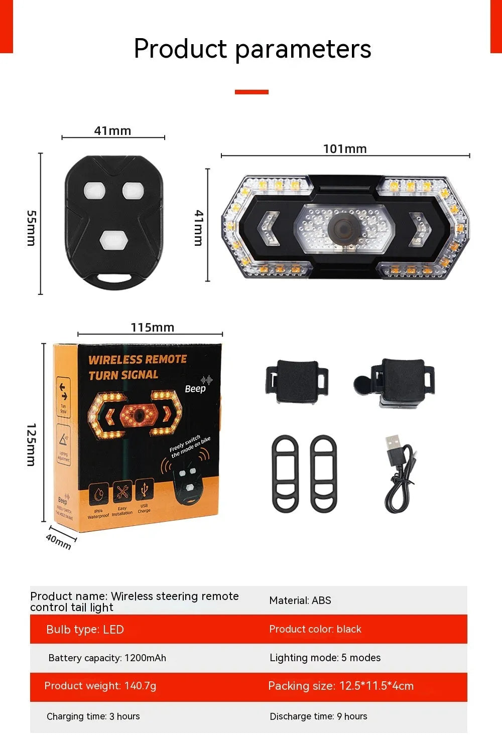 Black wireless remote control USB rechargeable LED car taillight kit on a white background.