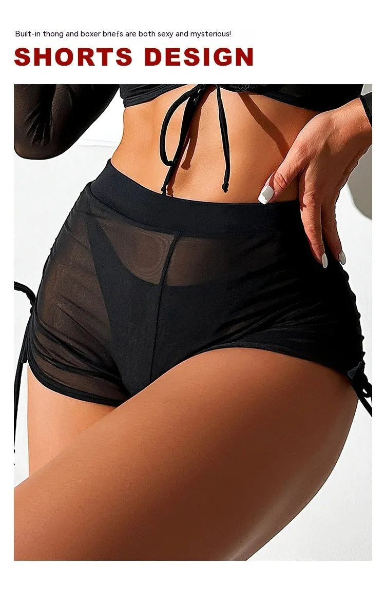 Women's black mesh swimsuit four-piece set with long sleeves for swimming