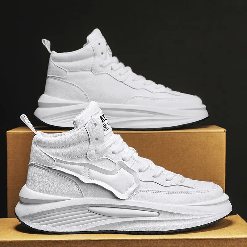 Men's black and white platform high-top board shoes with round toe and artificial PU construction