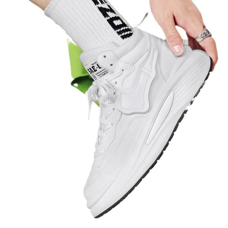 Men's black and white platform high-top board shoes with round toe and artificial PU construction