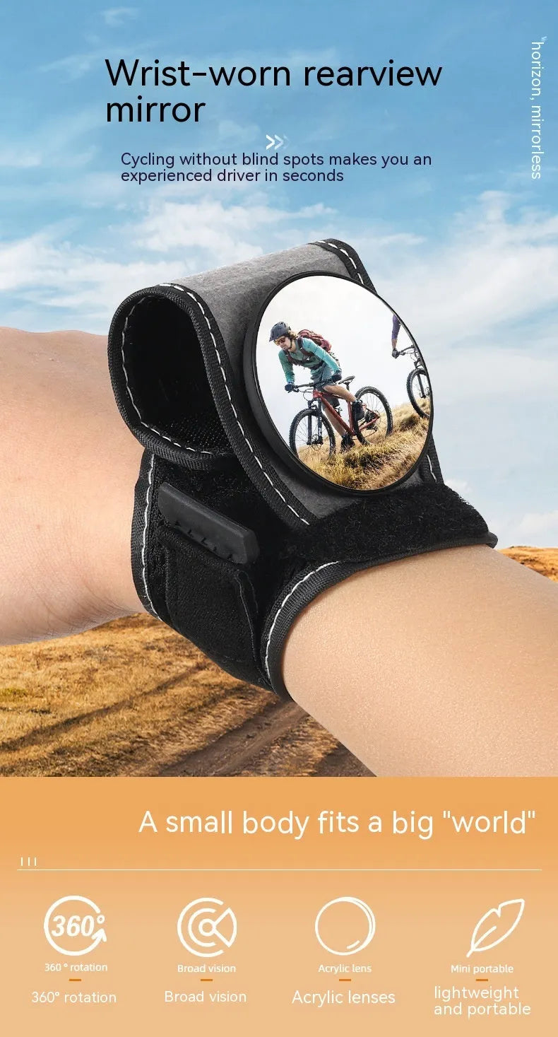 Black nylon bicycle wrist rear-view mirror with adjustable arm extended for cycling visibility