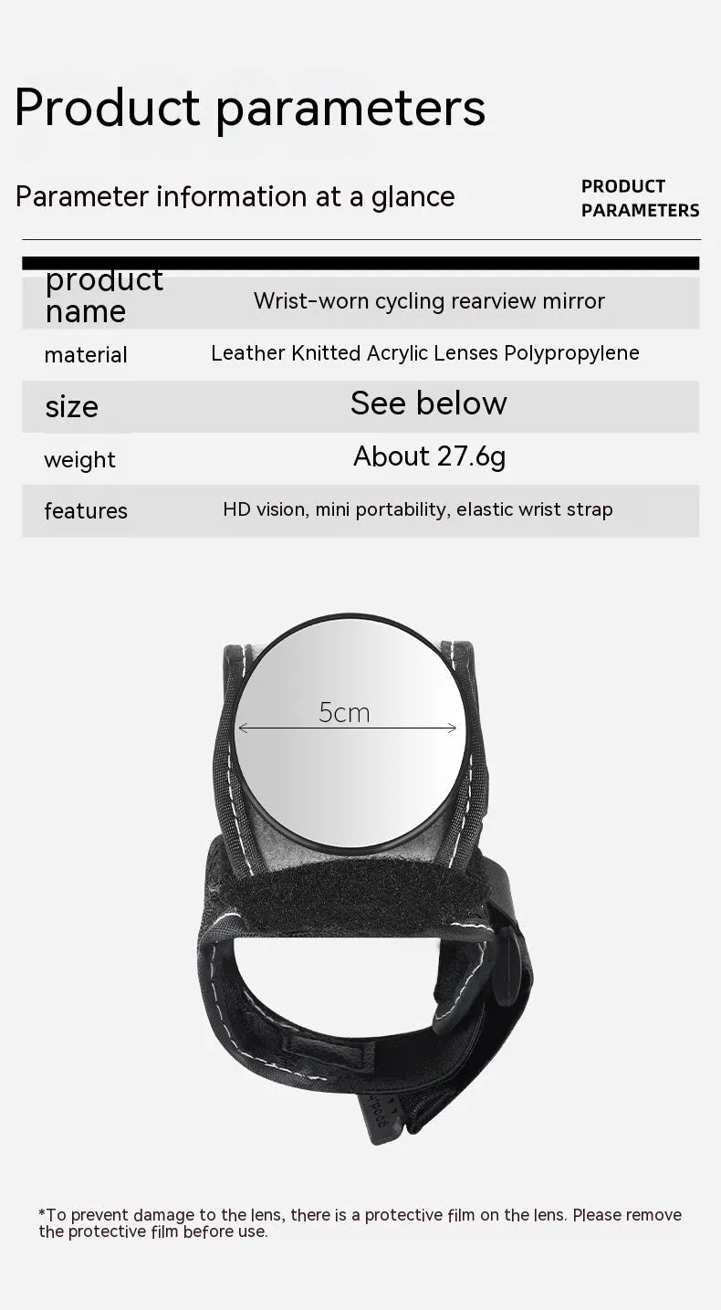 Black nylon bicycle wrist rear-view mirror with adjustable arm extended for cycling visibility