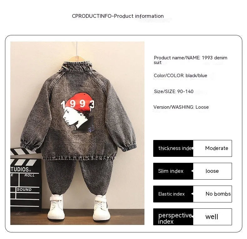 Boys black and blue denim two-piece suit set with long sleeves in Korean style children's clothing