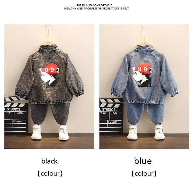 Boys black and blue denim two-piece suit set with long sleeves in Korean style children's clothing