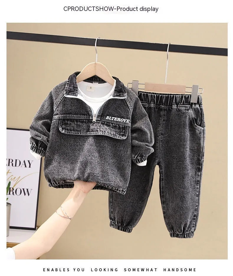 Boys black and blue denim two-piece suit set with long sleeves in Korean style children's clothing