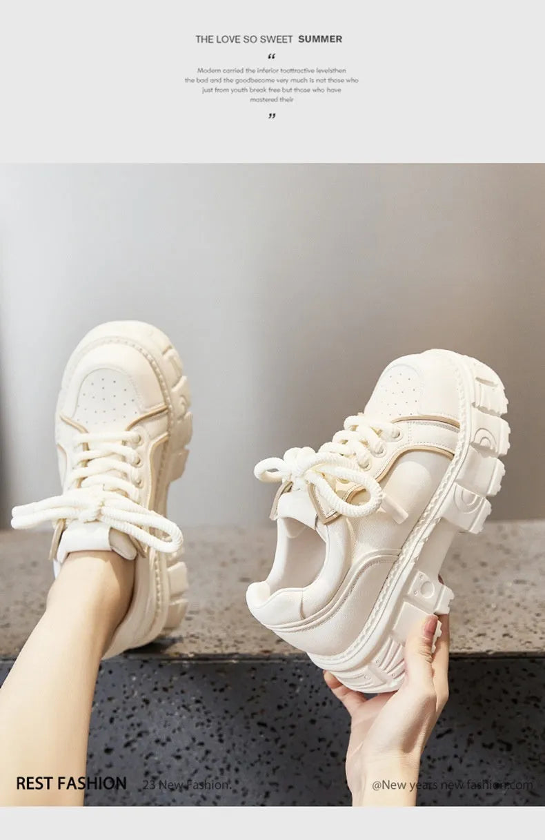 Beige and pink leather casual shoes with spring muffin bottom design and rubber foam soles