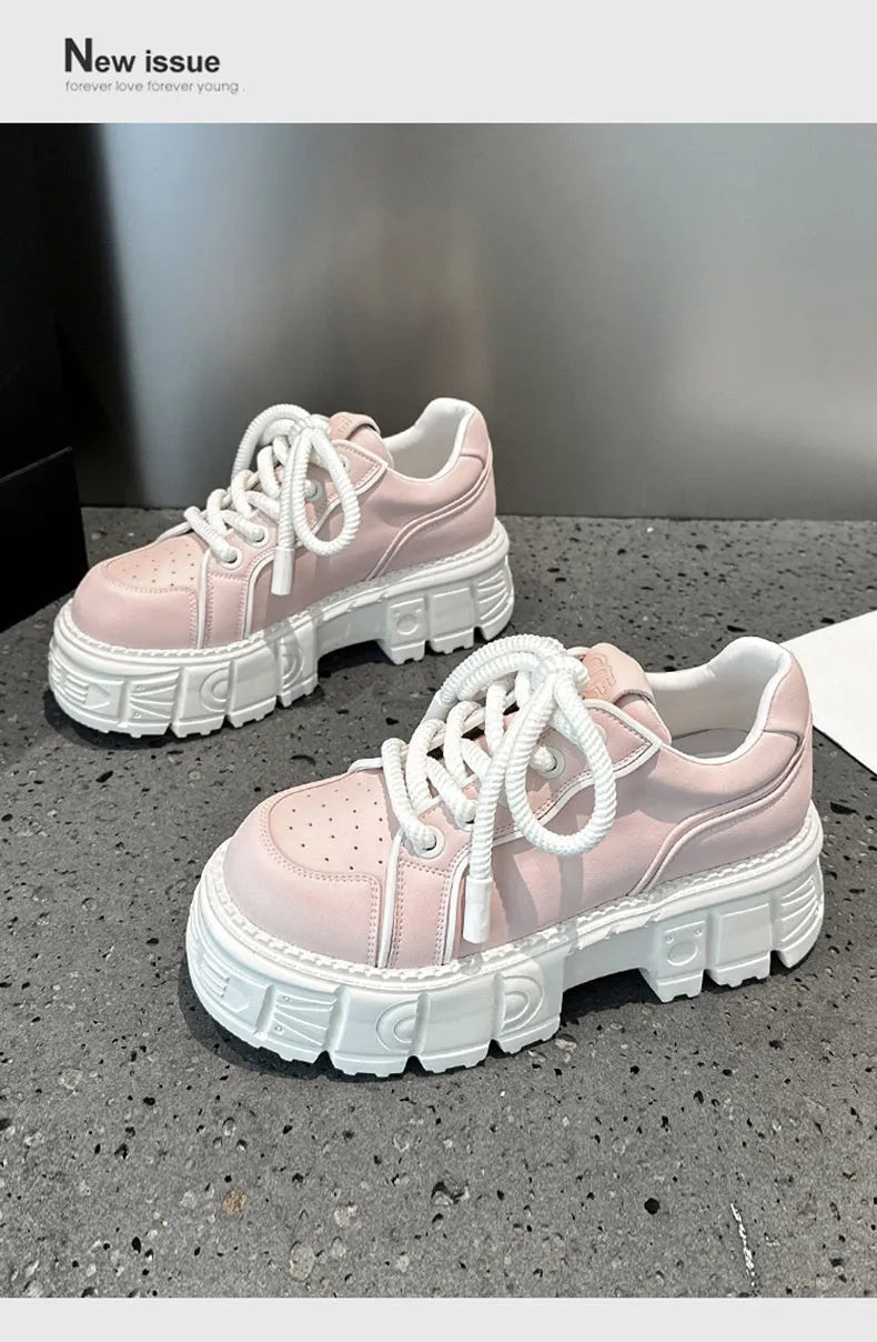 Beige and pink leather casual shoes with spring muffin bottom design and rubber foam soles