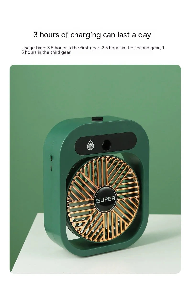 Green and white USB portable misting fan air cooler humidifier on a desk