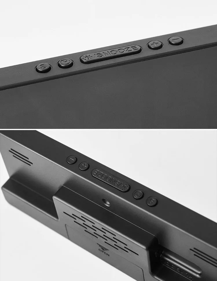 Electronic alarm clock with large LED screen showing time and temperature on desktop