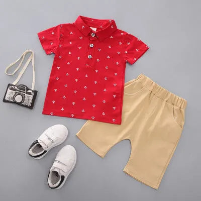 Anchor print children's cotton pantsuit set in Korean style with short sleeves and trousers