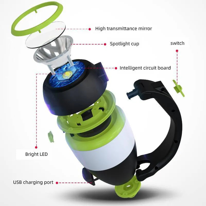 Black green foldable 3-in-1 LED camping lamp with USB charging port