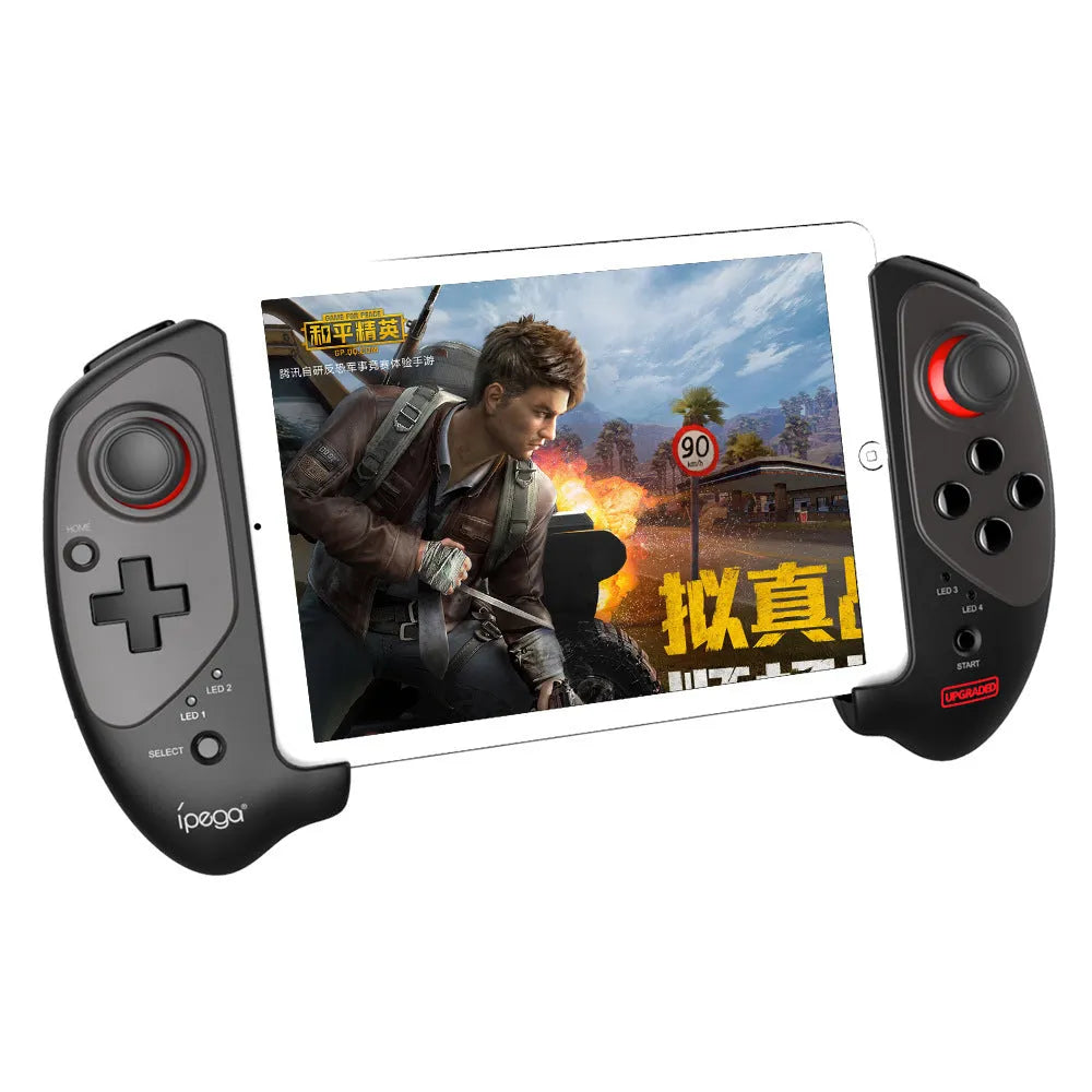 Red telescopic Bluetooth gamepad extended around smartphone with USB cable for PC connectivity