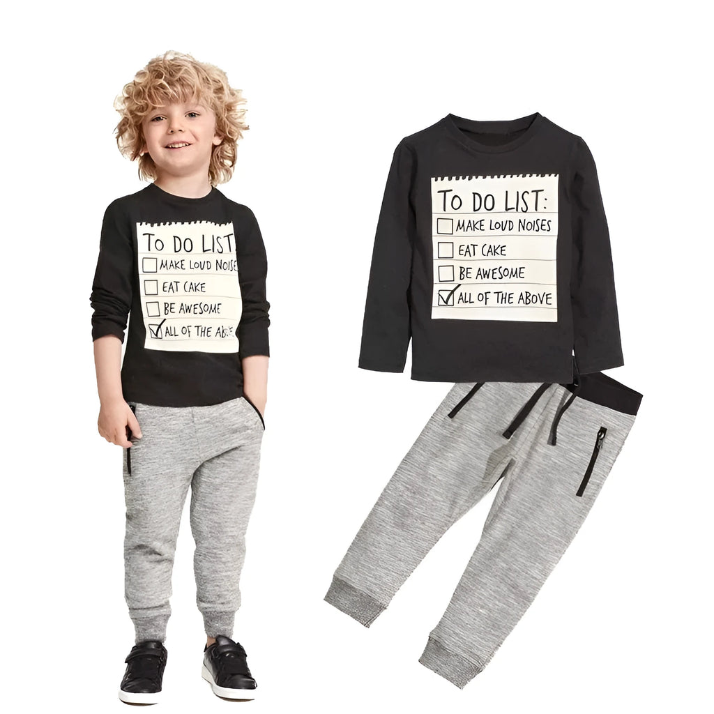 Boys cotton casual clothing set with long sleeve t-shirt and pants featuring letter print for ages 3-7 years