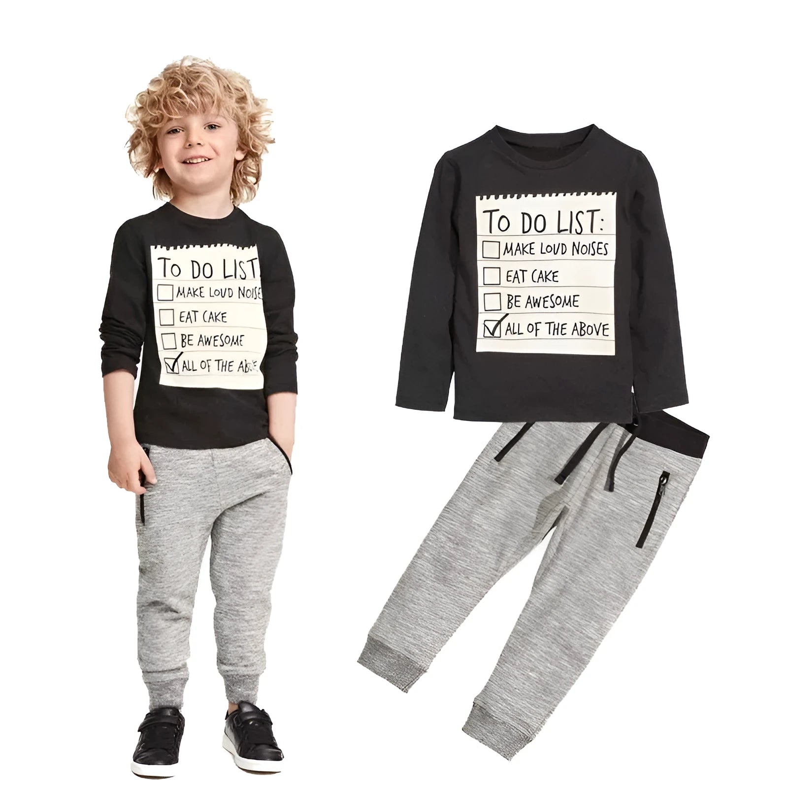 Boys cotton casual clothing set with long sleeve t-shirt and pants featuring letter print for ages 3-7 years
