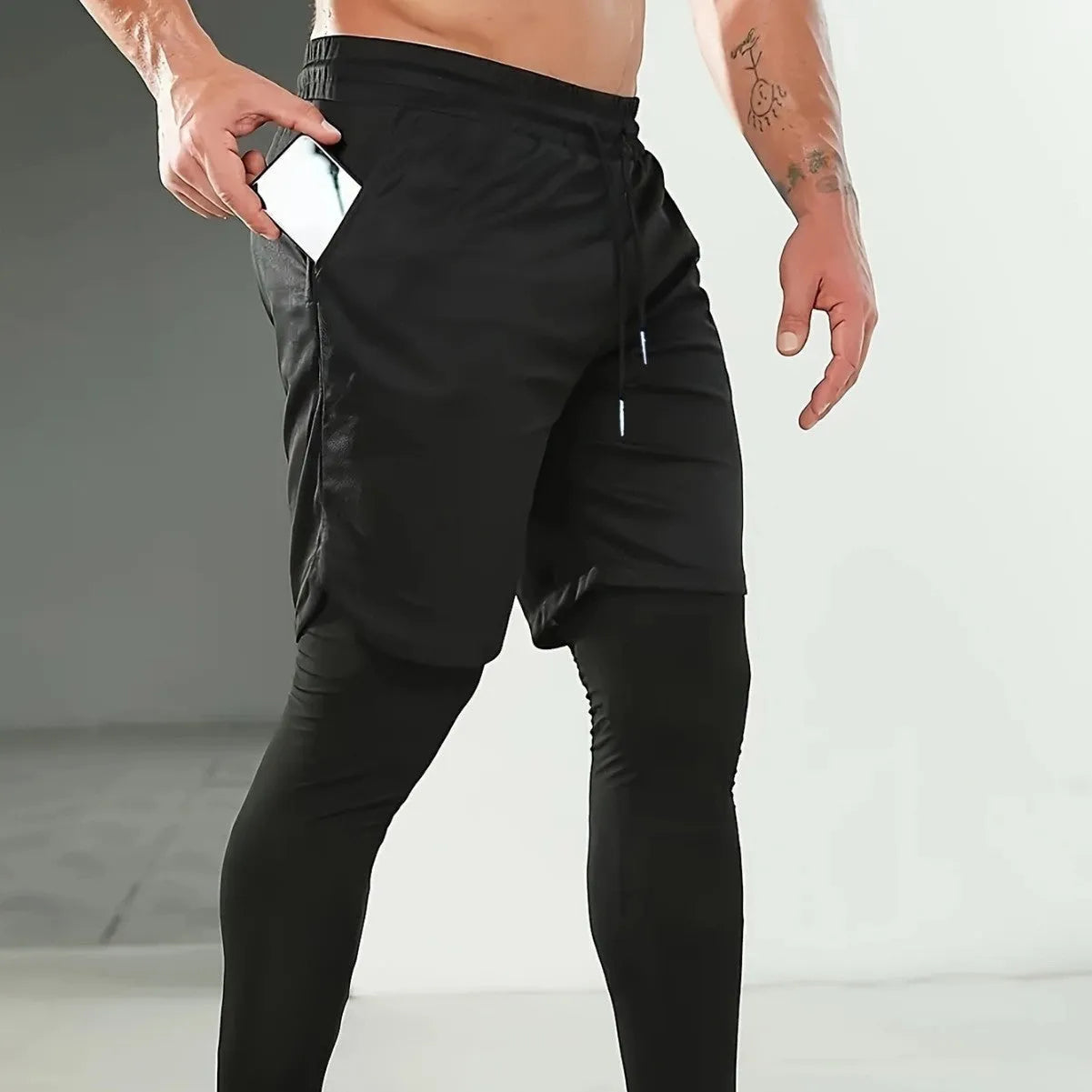 Polyester fibre fitness training running cycling bottoming pants in Army Green, loose fit, side view on mannequin